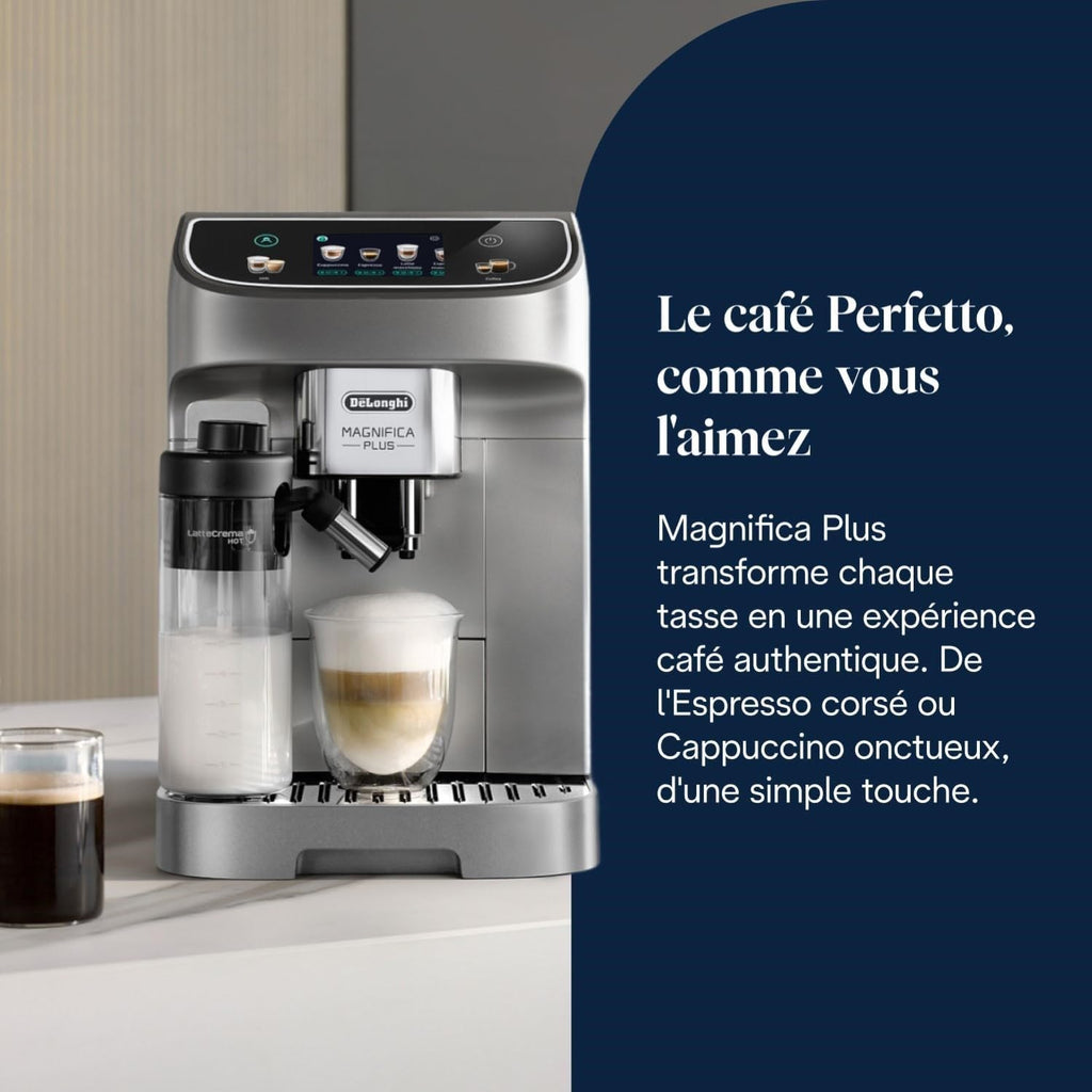 Magnifica Plus - Perfetto Machine à Café Automatique avec LatteCrema Mousseur à Lait Automatique, Argent et Noir