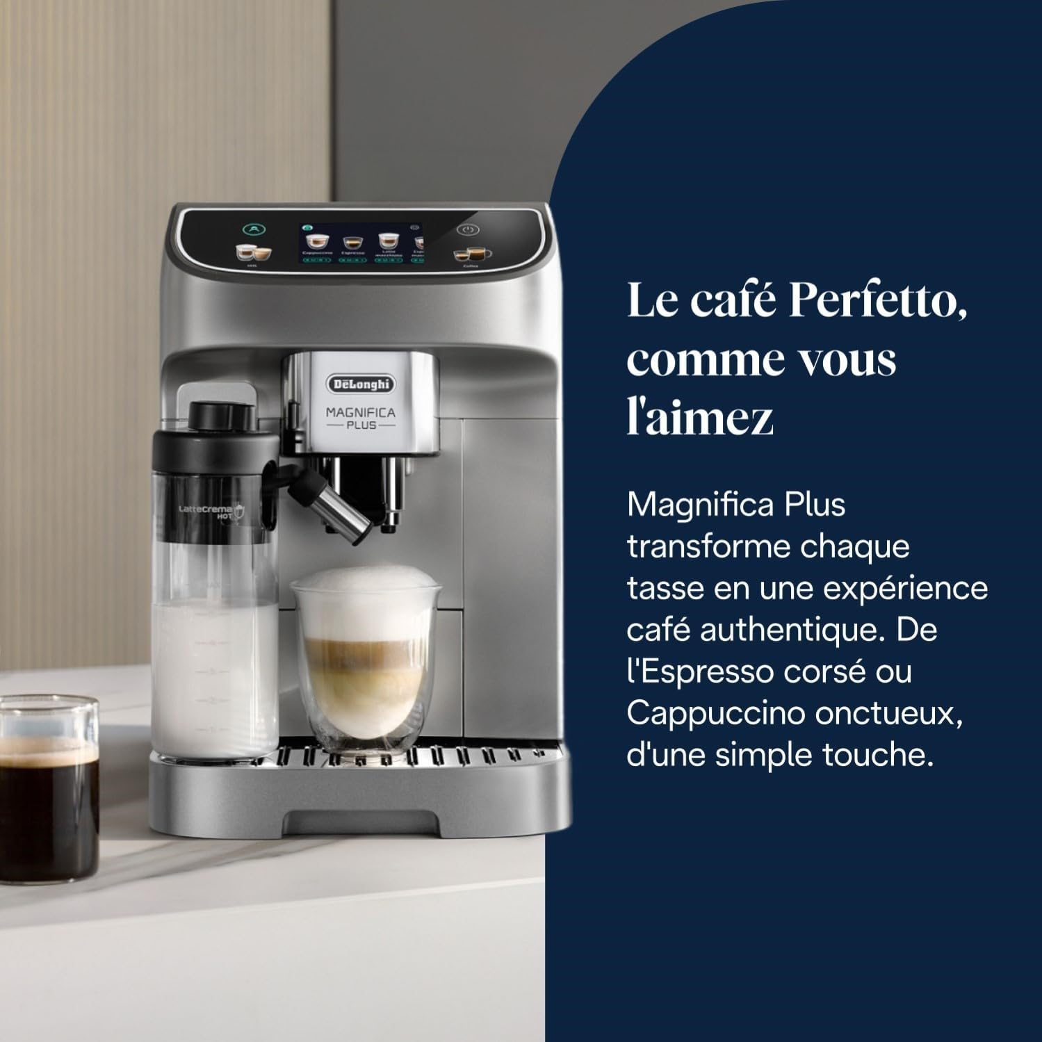 Magnifica Plus - Perfetto Machine à Café Automatique avec LatteCrema Mousseur à Lait Automatique, Argent et Noir