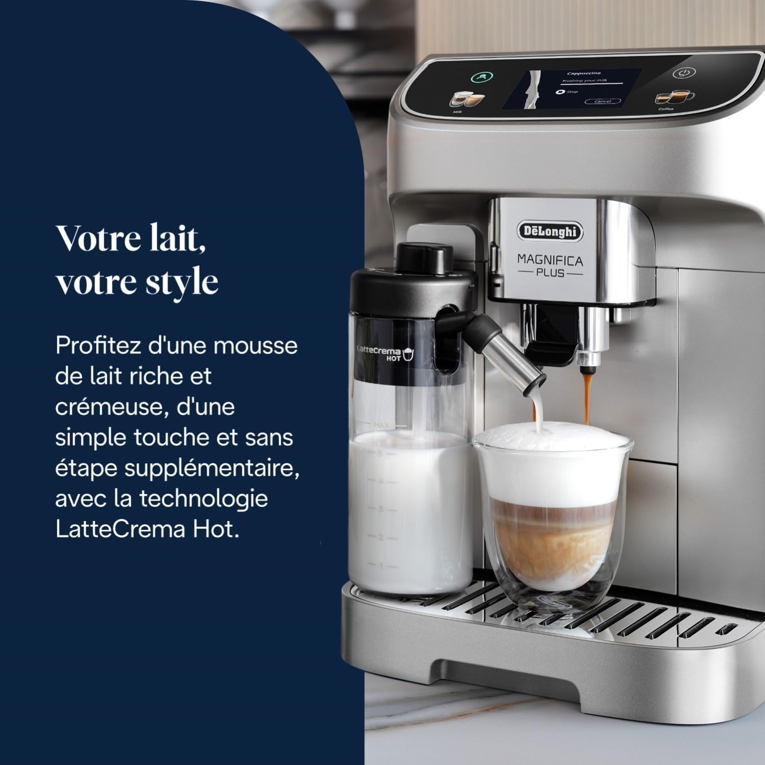 Magnifica Plus - Perfetto Machine à Café Automatique avec LatteCrema Mousseur à Lait Automatique, Argent et Noir