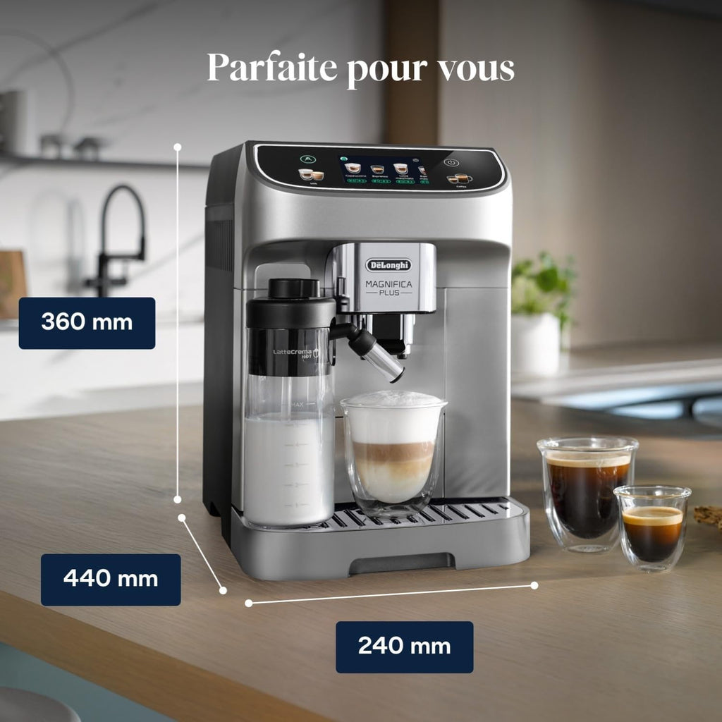 Magnifica Plus - Perfetto Machine à Café Automatique avec LatteCrema Mousseur à Lait Automatique, Argent et Noir
