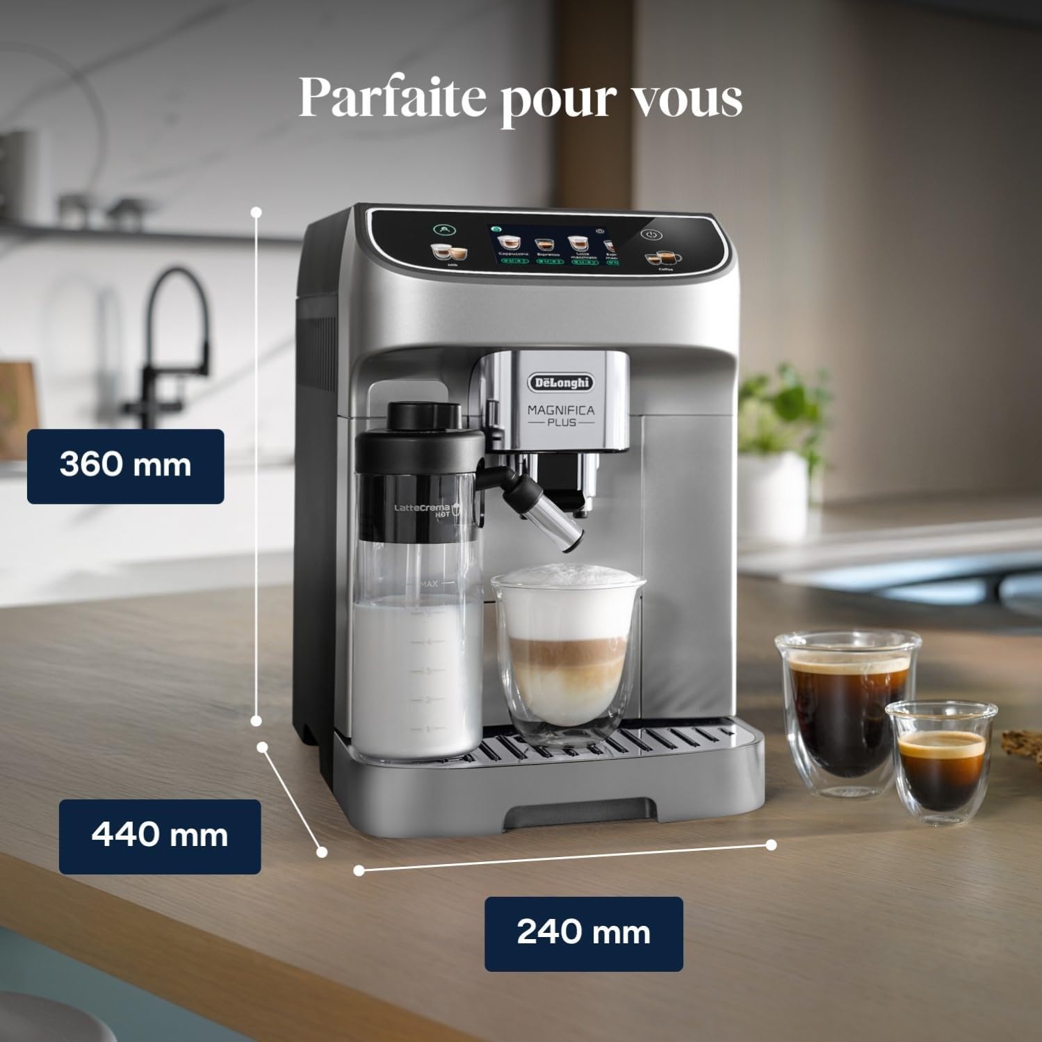 Magnifica Plus - Perfetto Machine à Café Automatique avec LatteCrema Mousseur à Lait Automatique, Argent et Noir