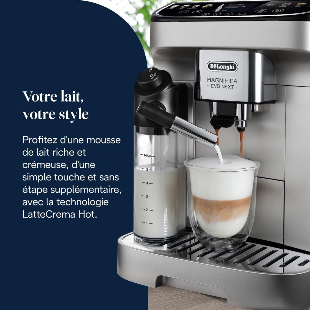 Magnifica Evo Next - Perfetto Machine à Café Automatique avec LatteCrema Mousseur, Argent et Noir