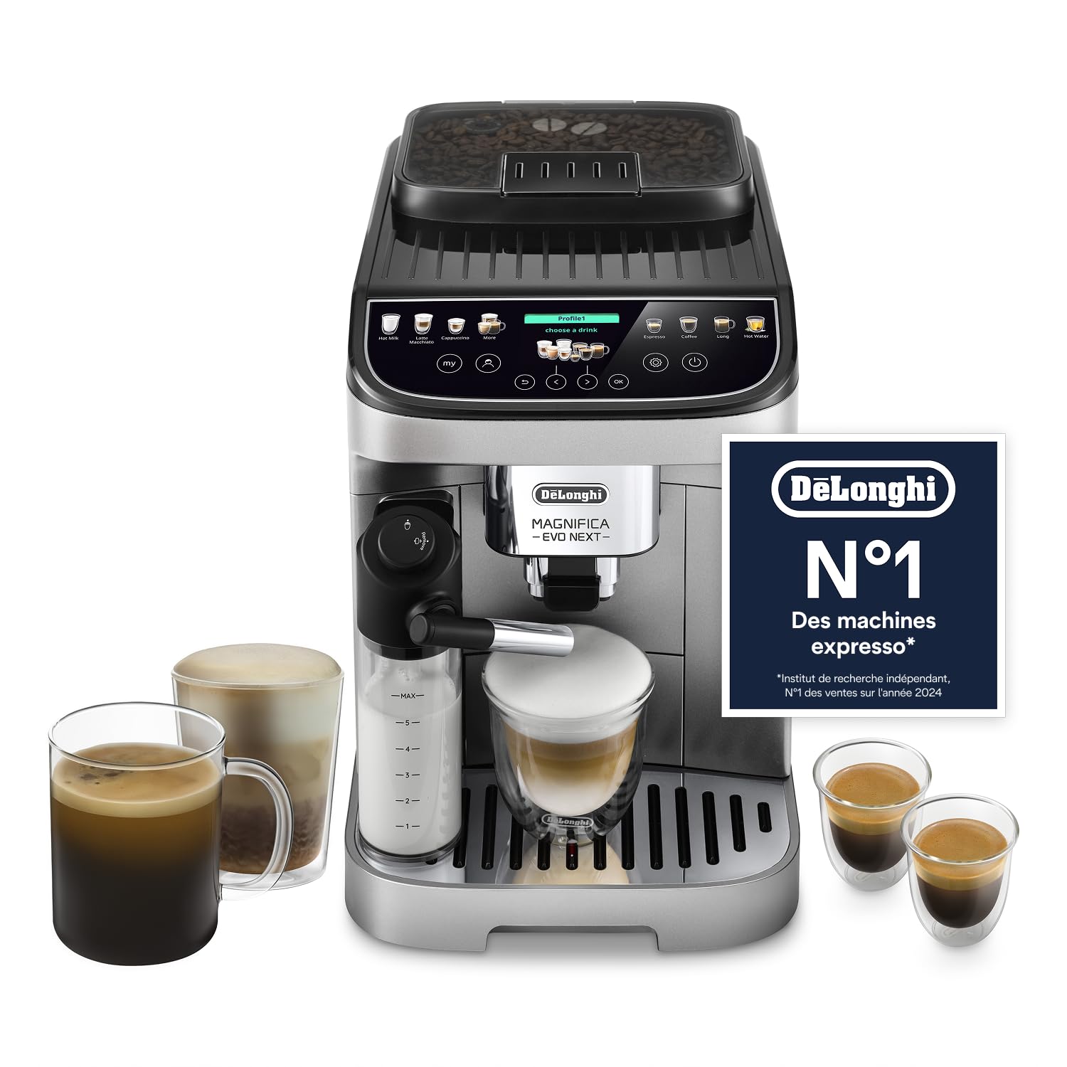 Magnifica Evo Next - Perfetto Machine à Café Automatique avec LatteCrema Mousseur, Argent et Noir