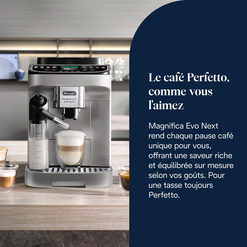 Magnifica Evo Next - Perfetto Machine à Café Automatique avec LatteCrema Mousseur, Argent et Noir