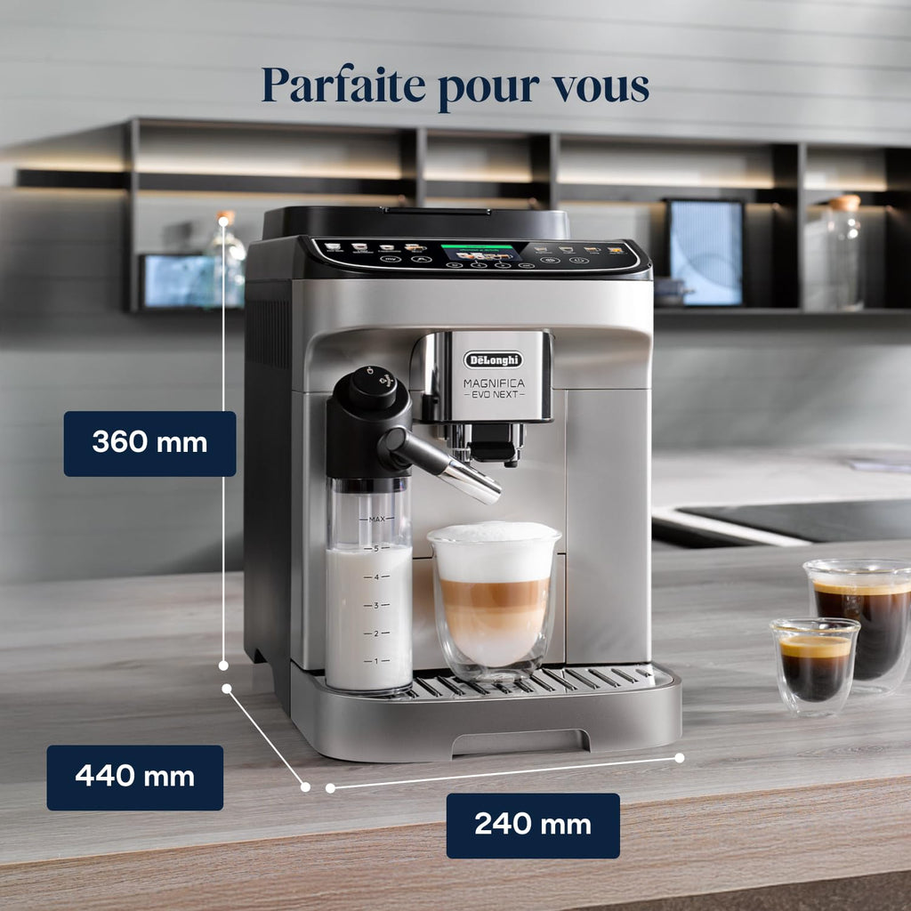 Magnifica Evo Next - Perfetto Machine à Café Automatique avec LatteCrema Mousseur, Argent et Noir